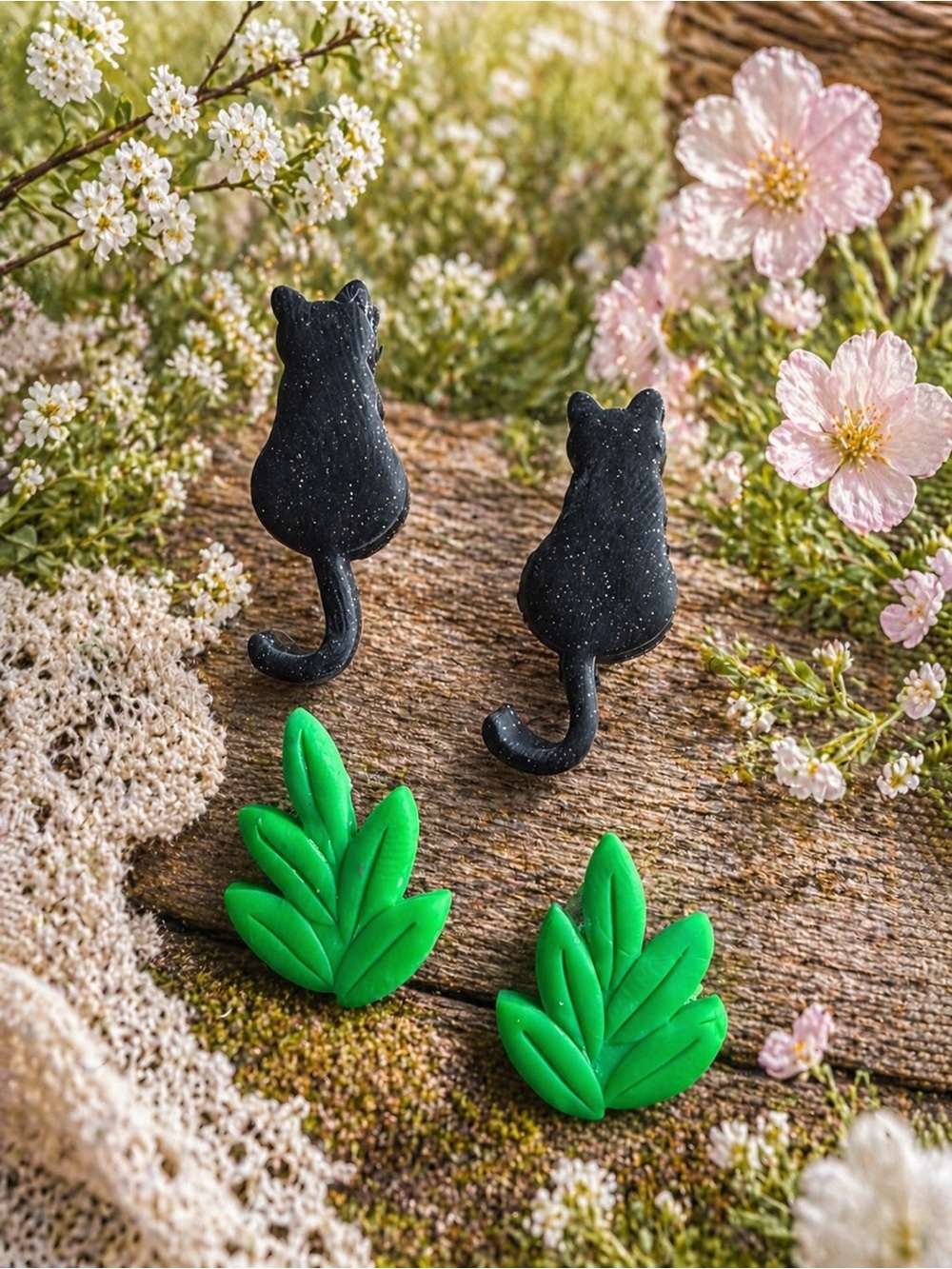 Handmade Black Cat & Green Leaf Handmade Polymer Clay Earrings - Cute Stud Set